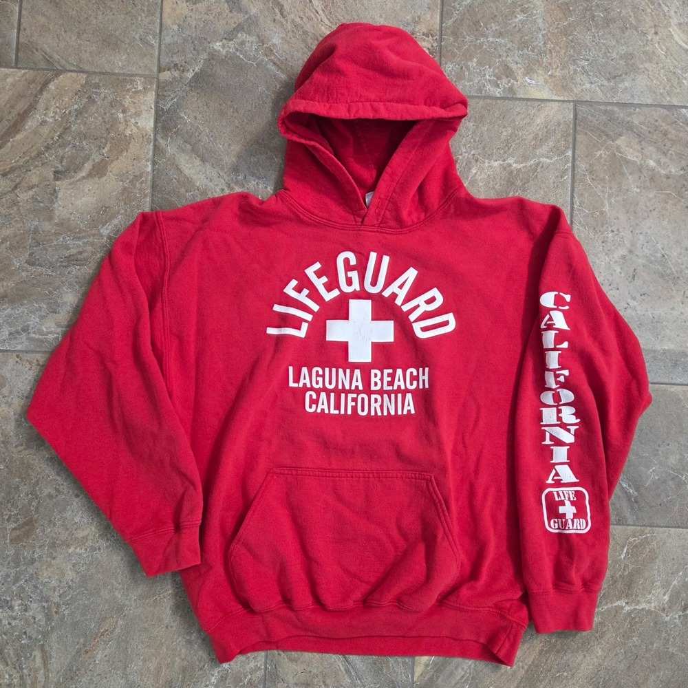 Gildan Heavy Blend Lifeguard Laguna Beach California Hoodie Red Mens Large